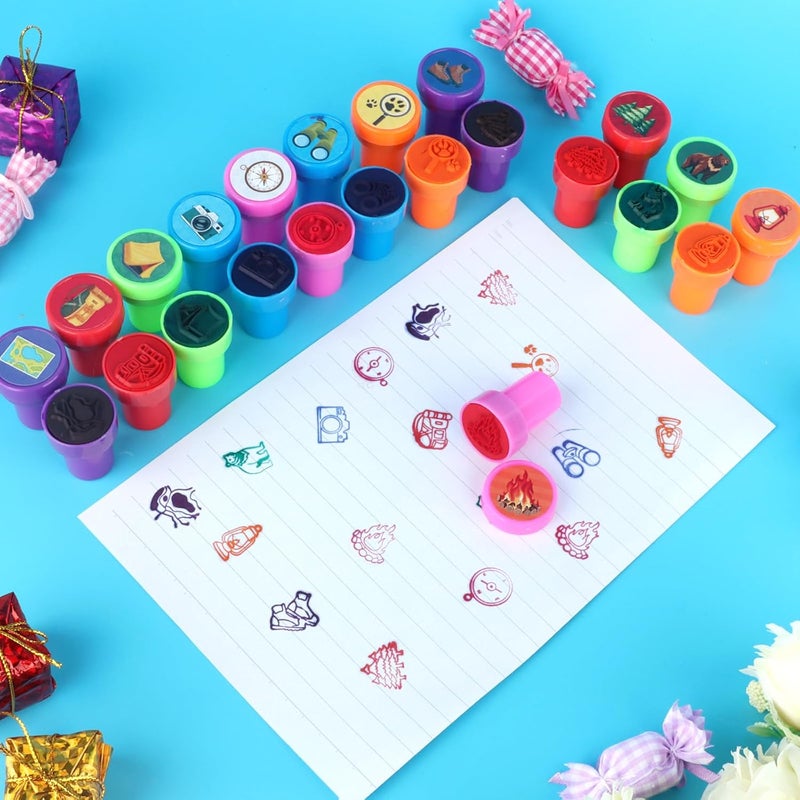 Lemicin 24 Pcs Camp Stampers Camping Mini Adventure Holiday Stamps Colorful Self Inking Birthday Party Supplies Favors for Boys Girls Student School Classroom Rewards Carnival Prizes Supplies - Image 2